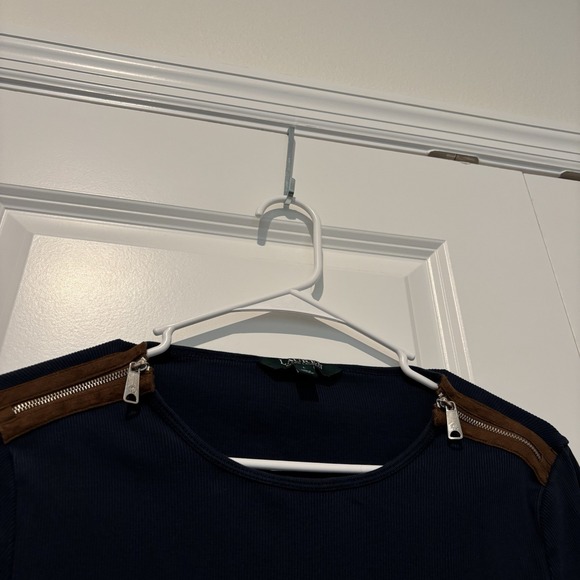 Lauren Ralph Lauren Navy Blue Long Sleeve Suede Zip Shoulder Shirt Women's L - Picture 2 of 9
